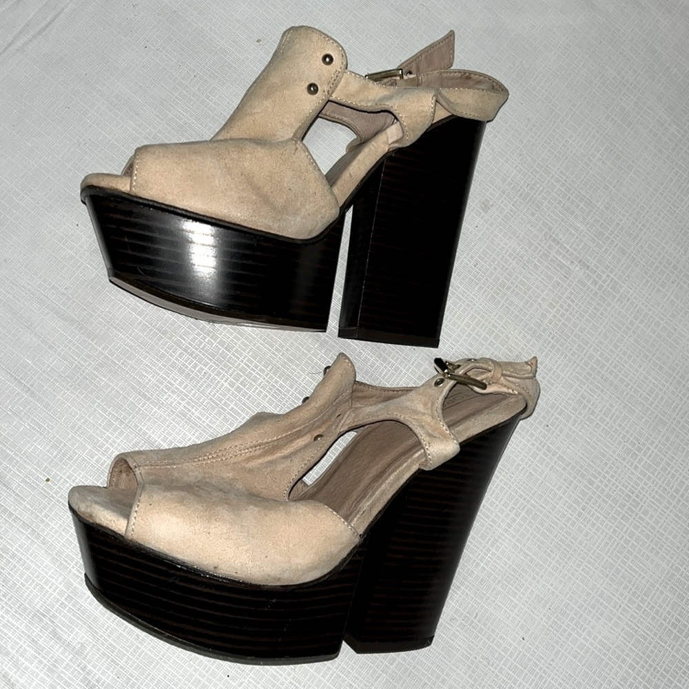 Topshop sz 7.5 platform heels wedges suede leather upper beige top shop